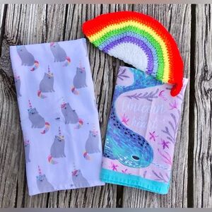 Mythical Narwhal Kitchen Hand Towel Handmade Rainbow Hot Pan Mitt Crochet Trivet